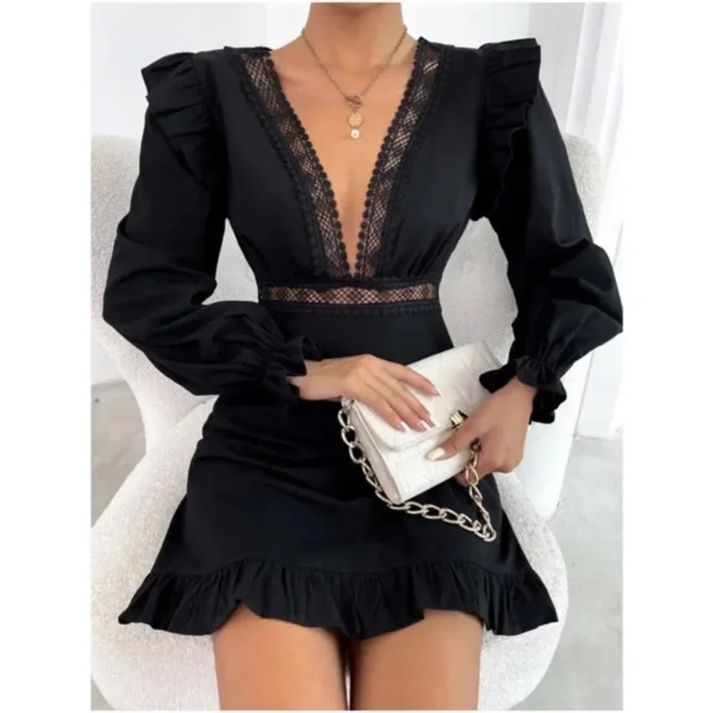 Plunging Neck Lace Ruffle Long Sleeve Mini Dress Black - Picture 1 of 12